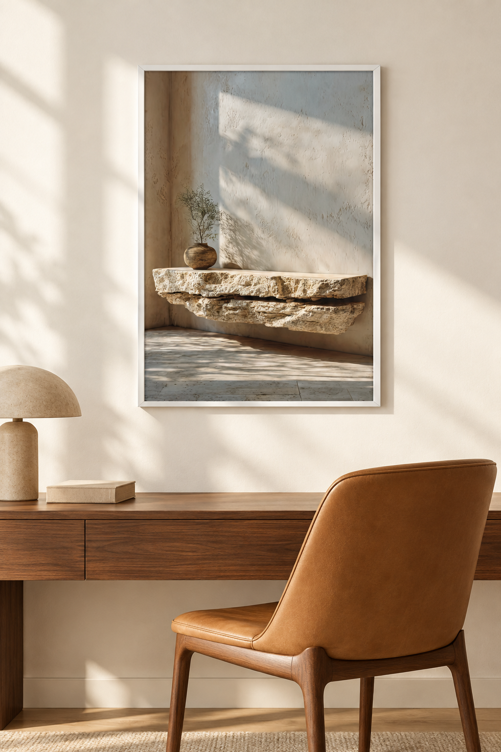 The Travertine Shelf with a white frame in a home office