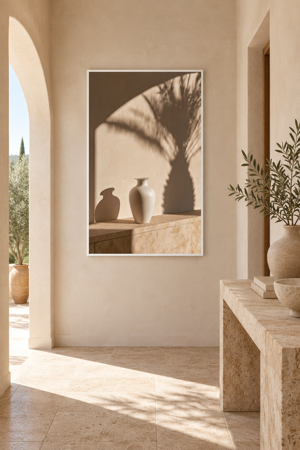 Affisch Palmens Skugga — palmskugga på en vägg och en ljus kruka, i en ljus, vit inredning