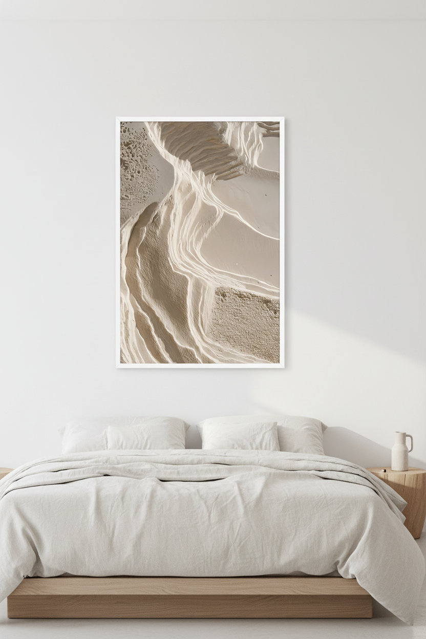 Affiche L'Escarpement Blanc encadrée blanc dans une salle de bain claire — strates de plâtre blanc séparées par une ligne d'ombre