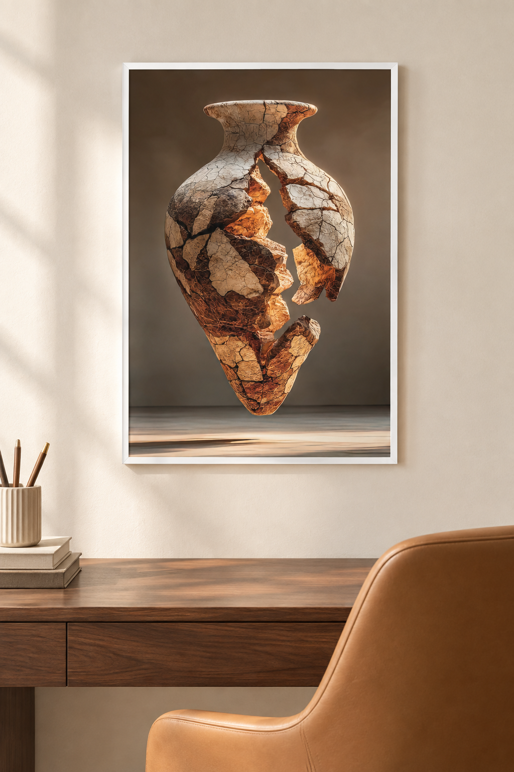 The Crackled Amphora with a white frame in a home office