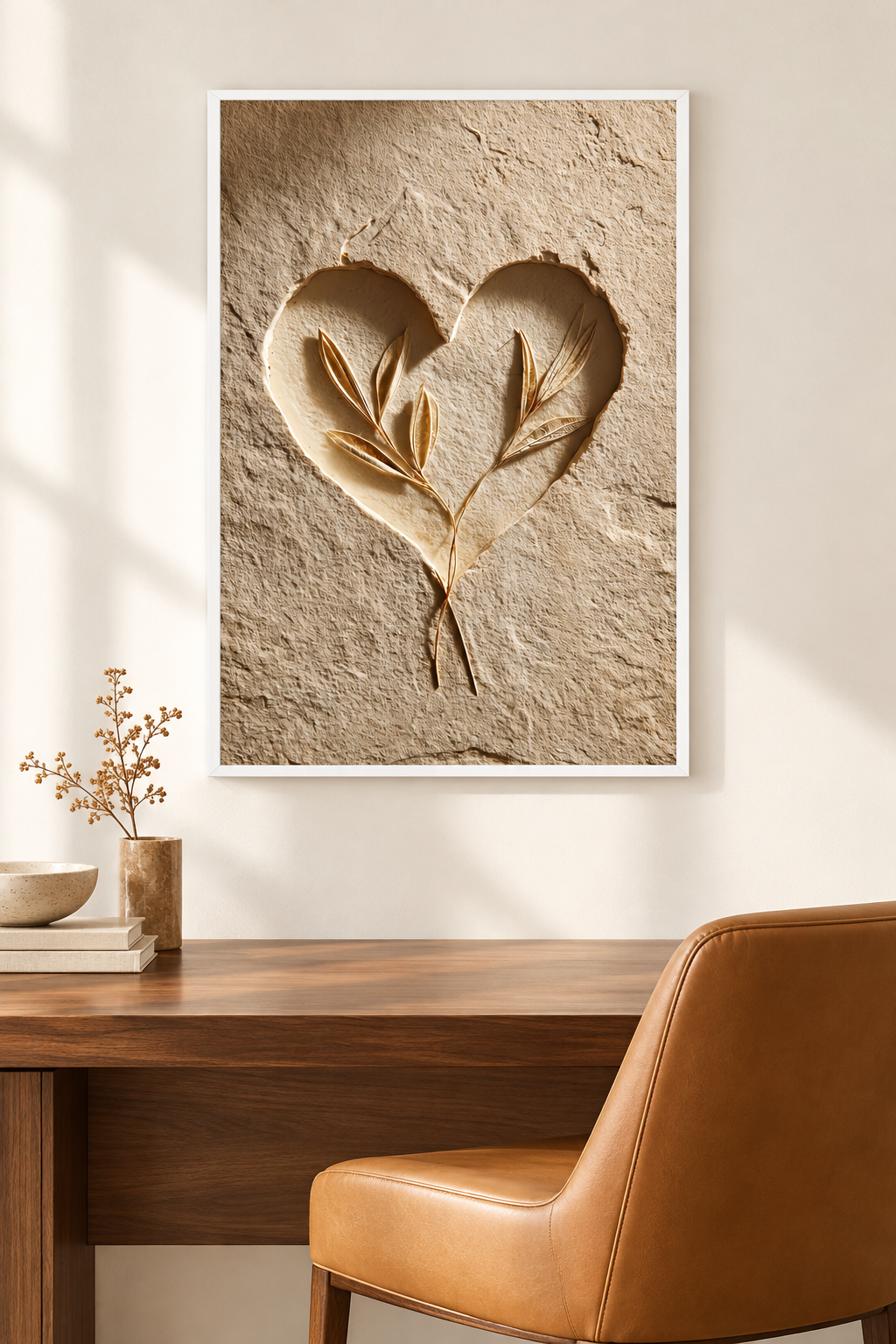 The Two-Branch Heart with a white frame in a home office