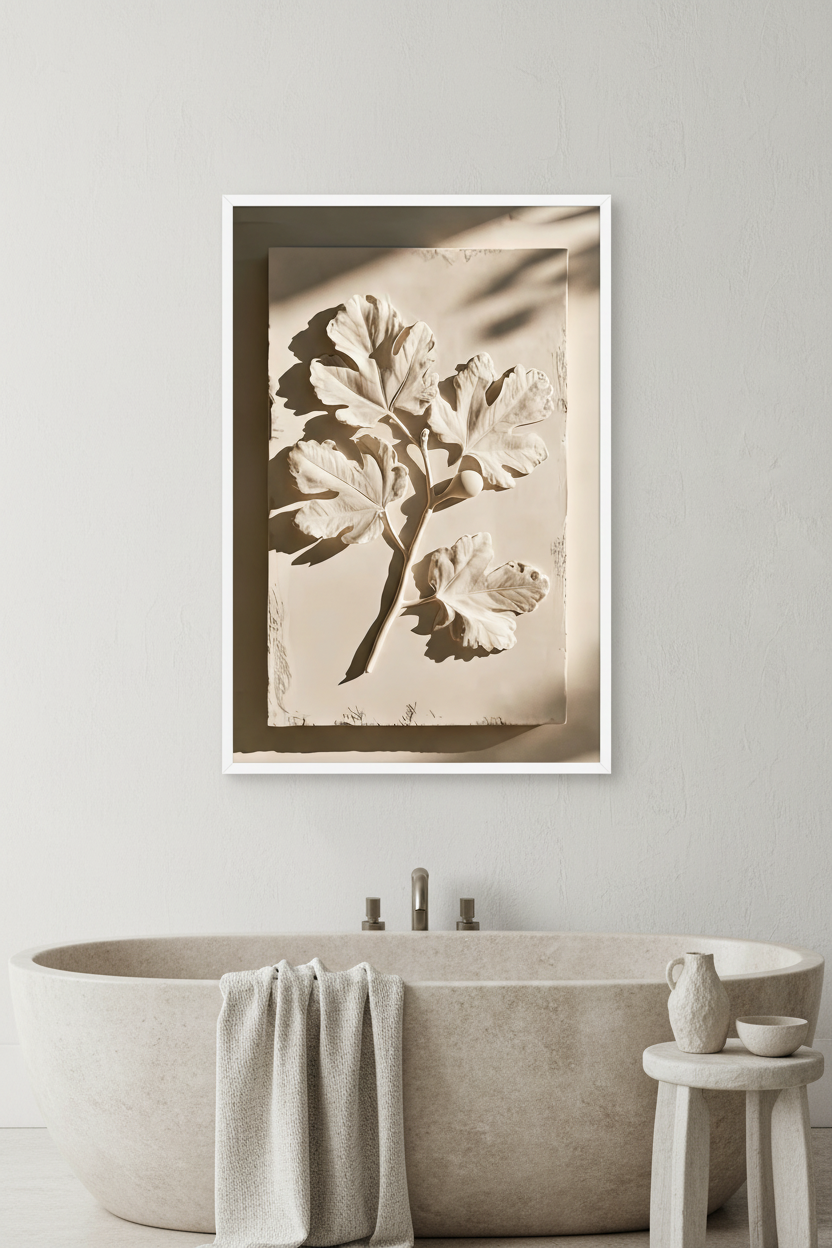 Affiche Le Relief du Figuier encadrée blanc dans une salle de bain claire — bas-relief de figuier sculpté dans une plaque de plâtre ivoire