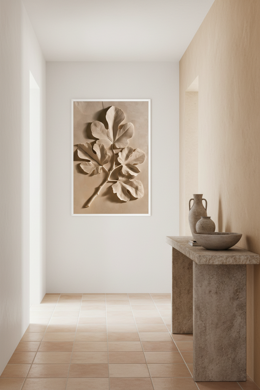 Affiche Le Figuier de Plâtre encadrée blanc dans une salle de bain claire — feuille de figuier sculptée à même un mur d'enduit sable