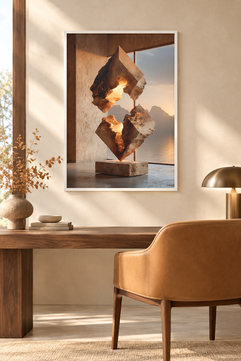 The Split Stone with a white frame in a home office