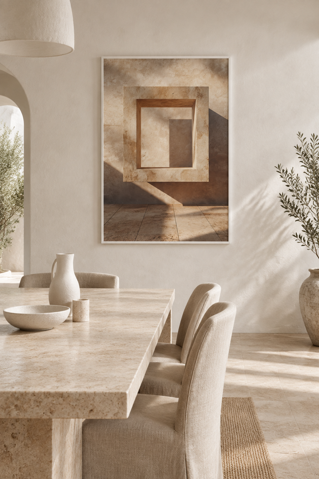 Poster The Square Doorframe — square stone frame and its cast shadow, in a bright white interior