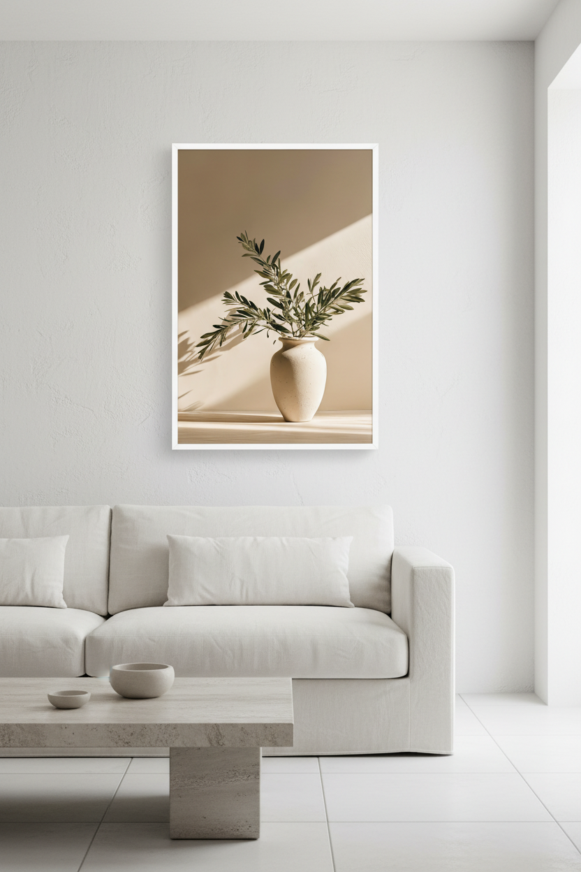 Affiche La Lame de Lumière encadrée blanc dans une salle de bain claire — vase ivoire et branches d'olivier sous une diagonale de soleil
