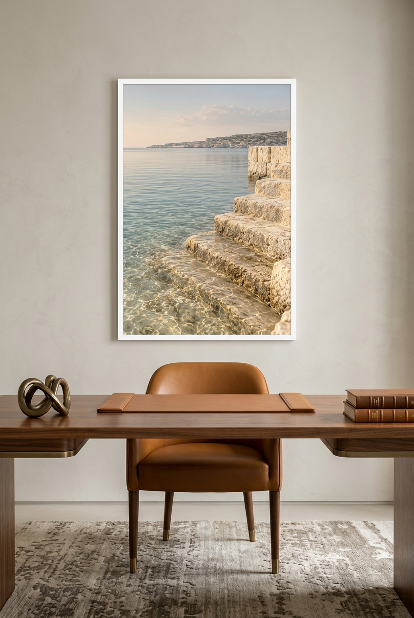 Steps into the Water — poster in a white frame in a home office