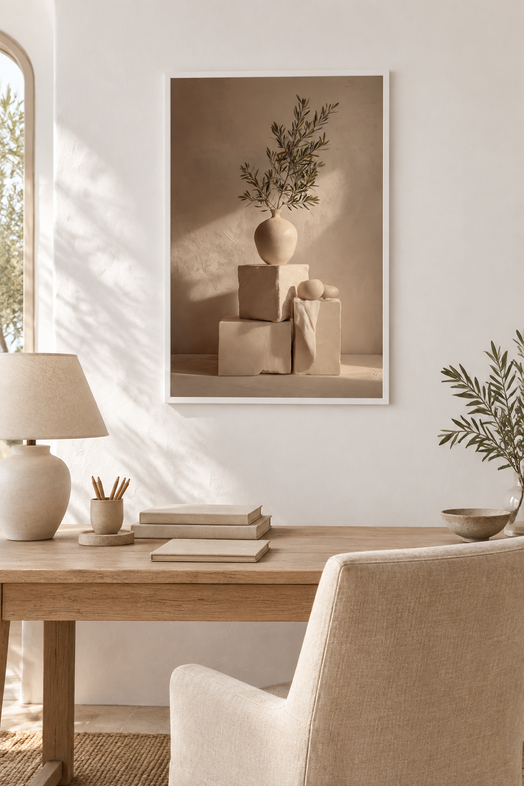 Poster Das Gleichgewicht aus Kreide — kugelförmige Vase auf Kreideblöcken, in einem hellen, weißen Interieur