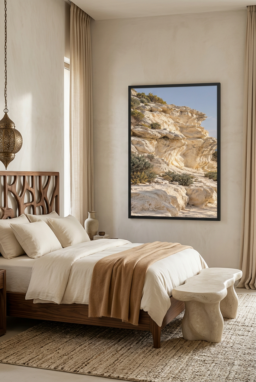 The Sculpted Cliff — poster in a black frame in a bedroom