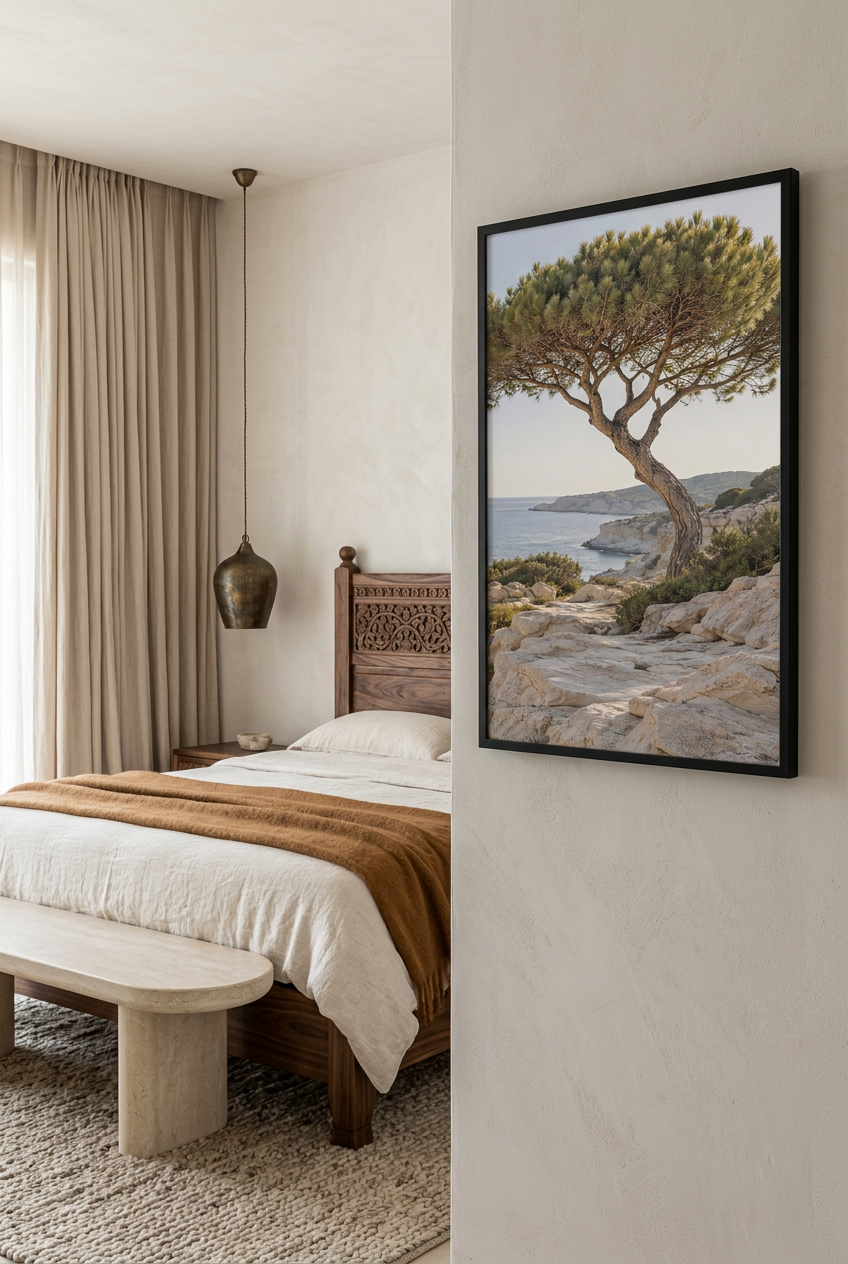 Le Pin Penché — affiche encadrée en noir dans une chambre