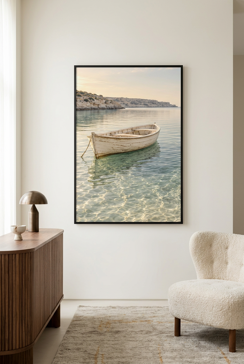 The White Boat — poster in a black frame in a living room