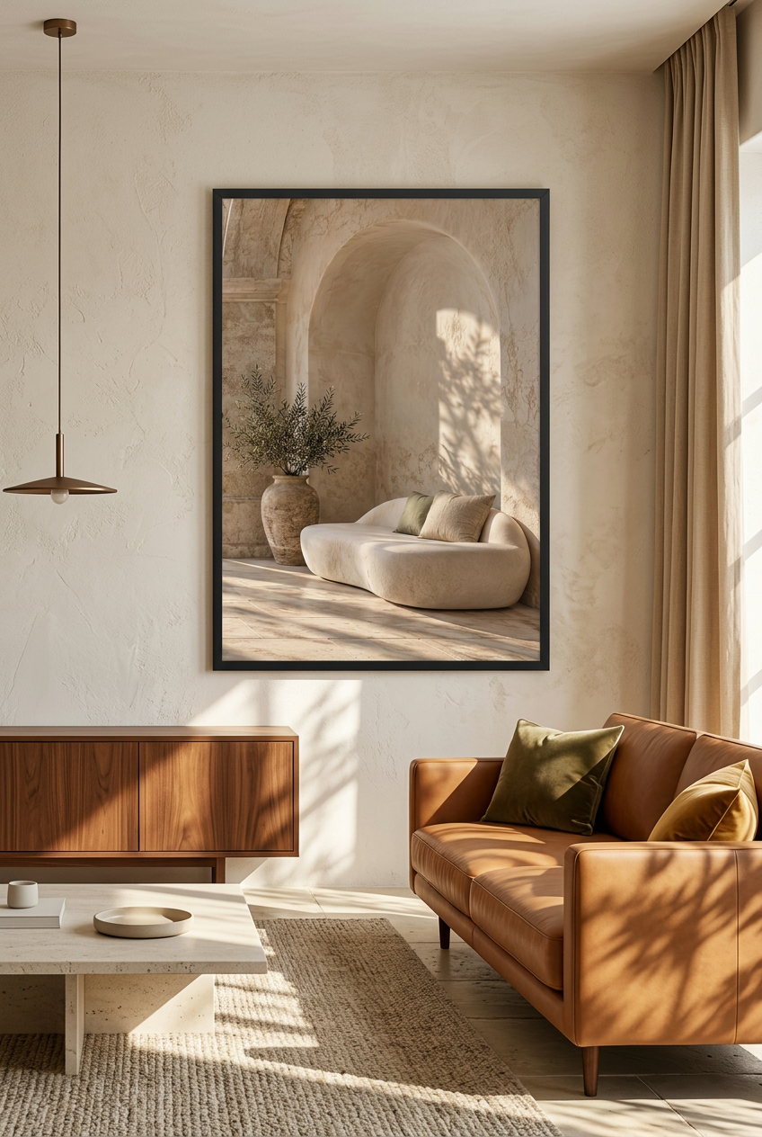 Le Sofa de l'Alcôve — affiche encadrée en noir dans un salon