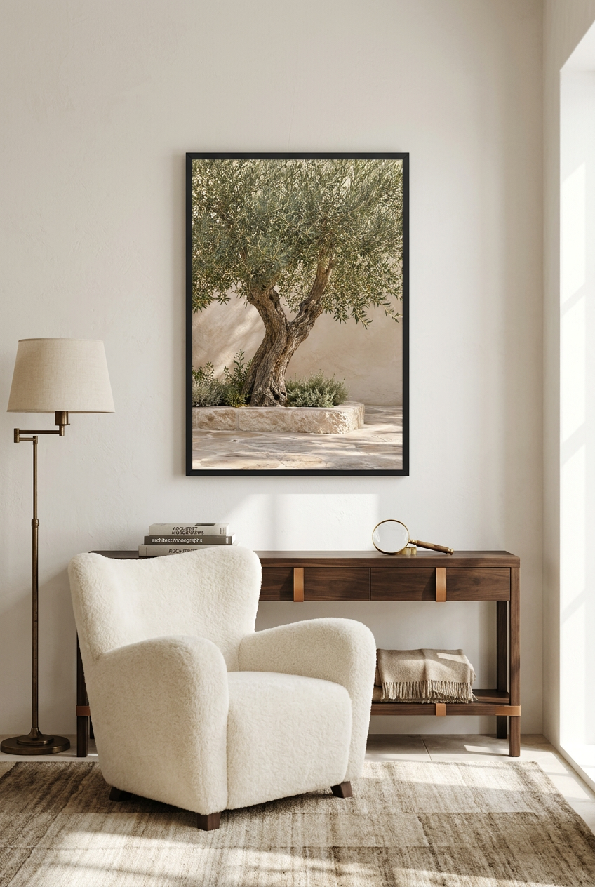 Der alte Olivenbaum — Poster im schwarzen Rahmen im Wohnzimmer