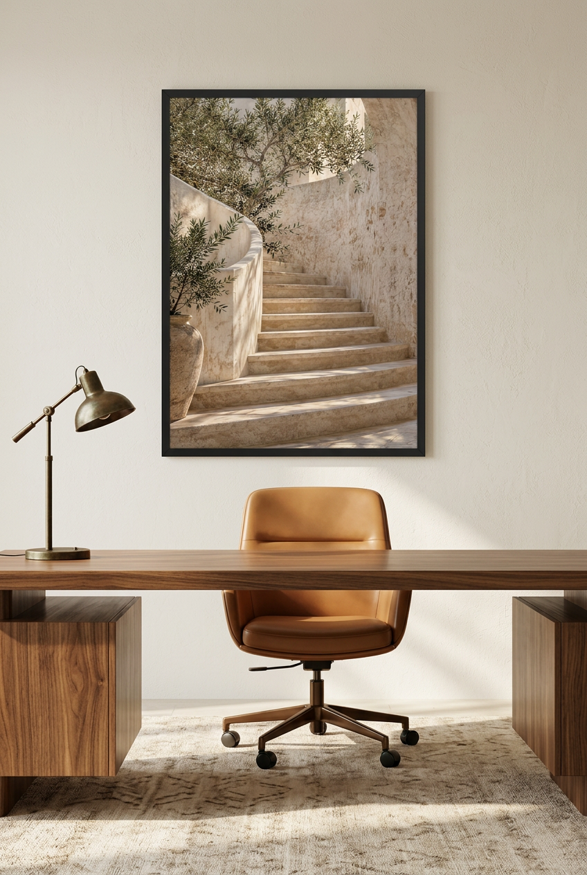 De Wenteltrap — poster in een zwarte lijst in een werkkamer