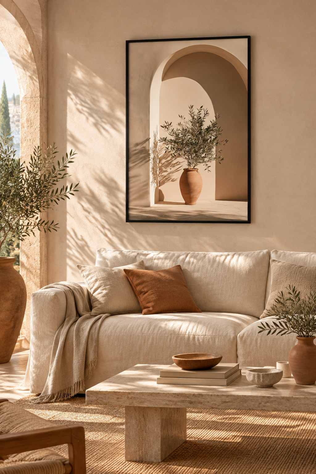 Poster The Rest Beneath the Arch — plaster arch and terracotta jar with an olive branch, in a black frame