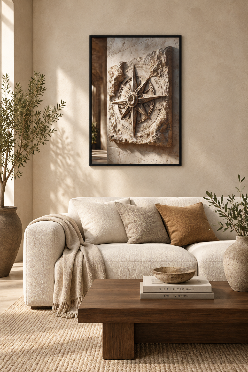 Die Windrose mit schwarzem Rahmen in einem mediterranen Wohnzimmer