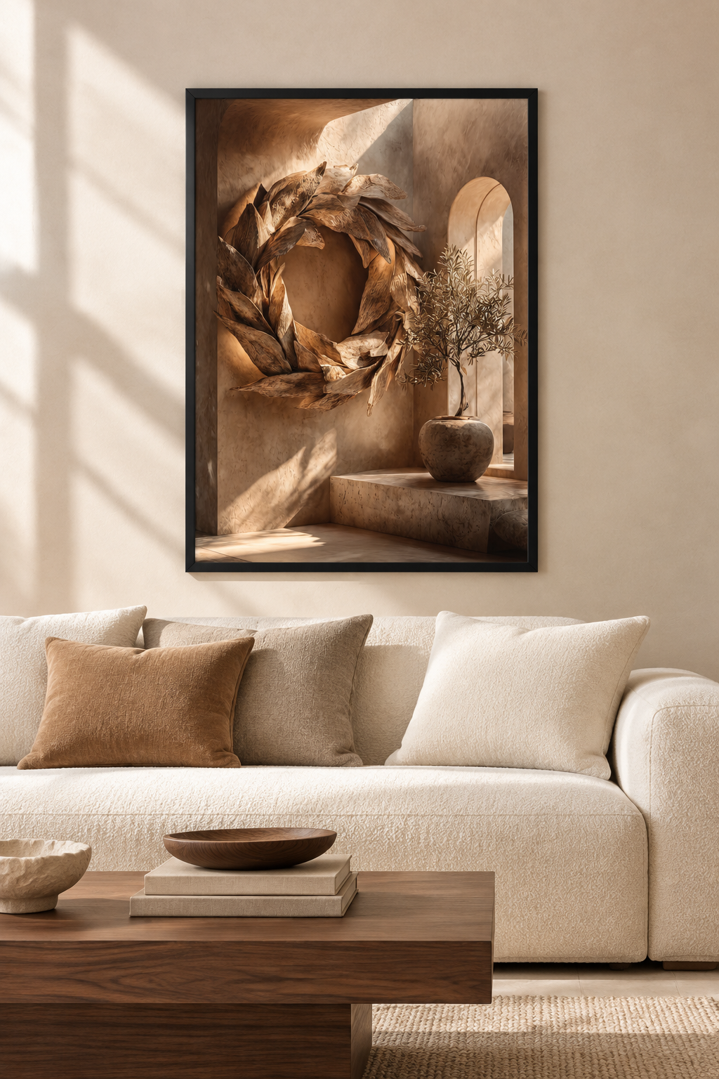 The Olive Wreath with a black frame in a Mediterranean living room