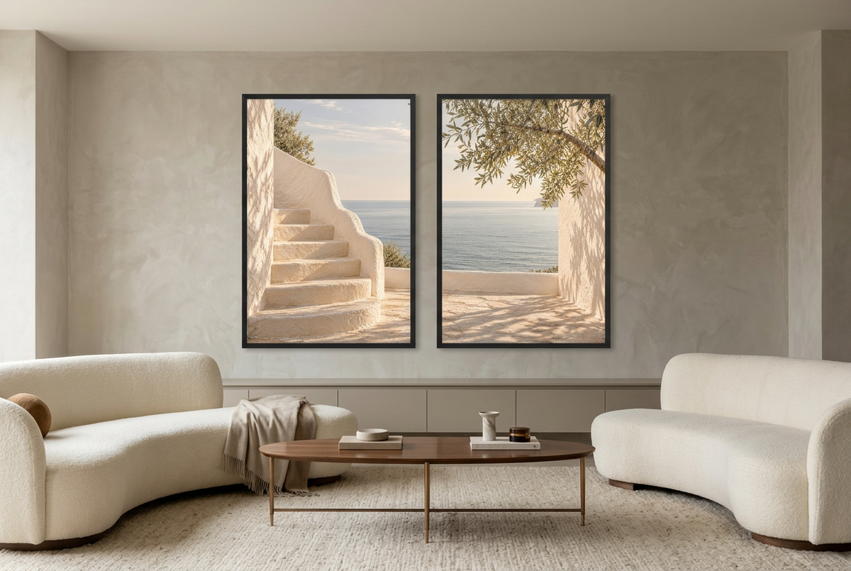 The Terrace by the Sea — wall diptych in black frames in a living room