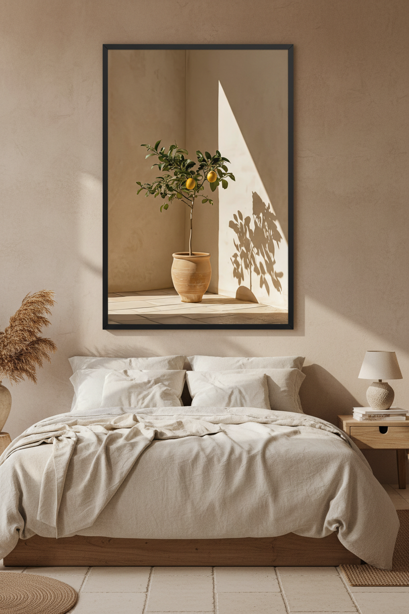Affiche Le Citronnier de Terre Cuite encadrée noir au-dessus d'une console d'entrée — citronnier en jarre de terre cuite dans l'angle d'un mur ocre