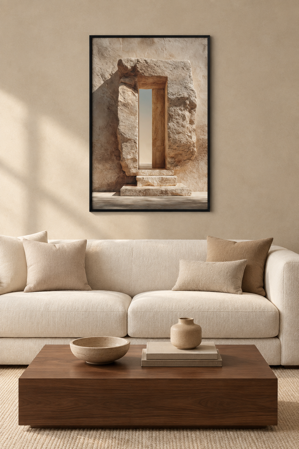 The Hewn Passage with a black frame in a Mediterranean living room