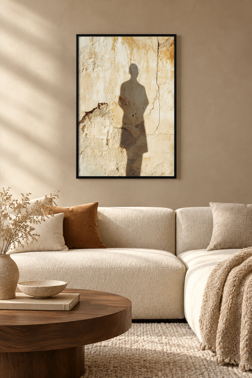 Die Silhouette an der Kalkwand mit schwarzem Rahmen in einem mediterranen Wohnzimmer