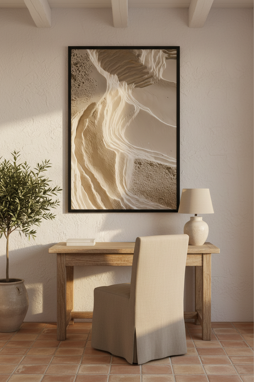 Affiche L'Escarpement Blanc encadrée noir au-dessus d'une console d'entrée — strates de plâtre blanc séparées par une ligne d'ombre