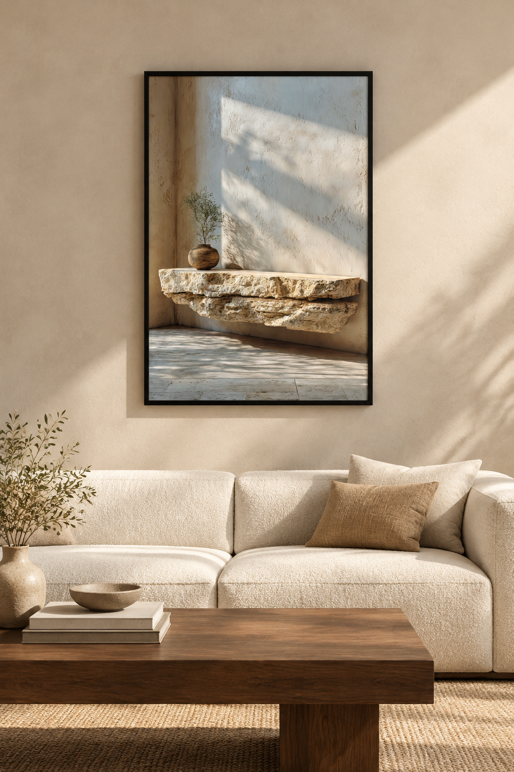 The Travertine Shelf with a black frame in a Mediterranean living room