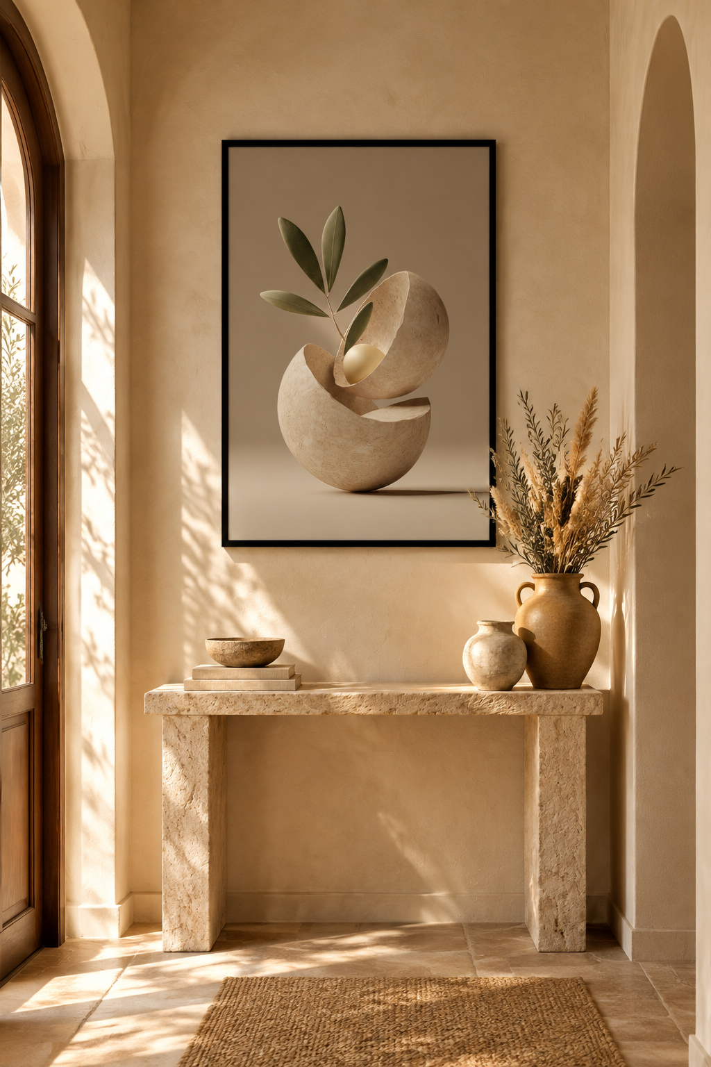 Poster The Opened Seed — opened stone seed with a single leaf, in a black frame