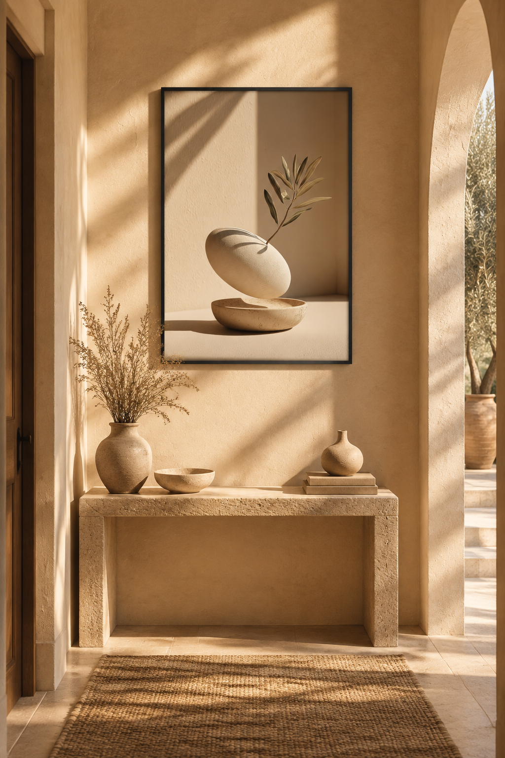 Poster The Hollow and the Branch — hollowed pebble holding a sprig, in a black frame