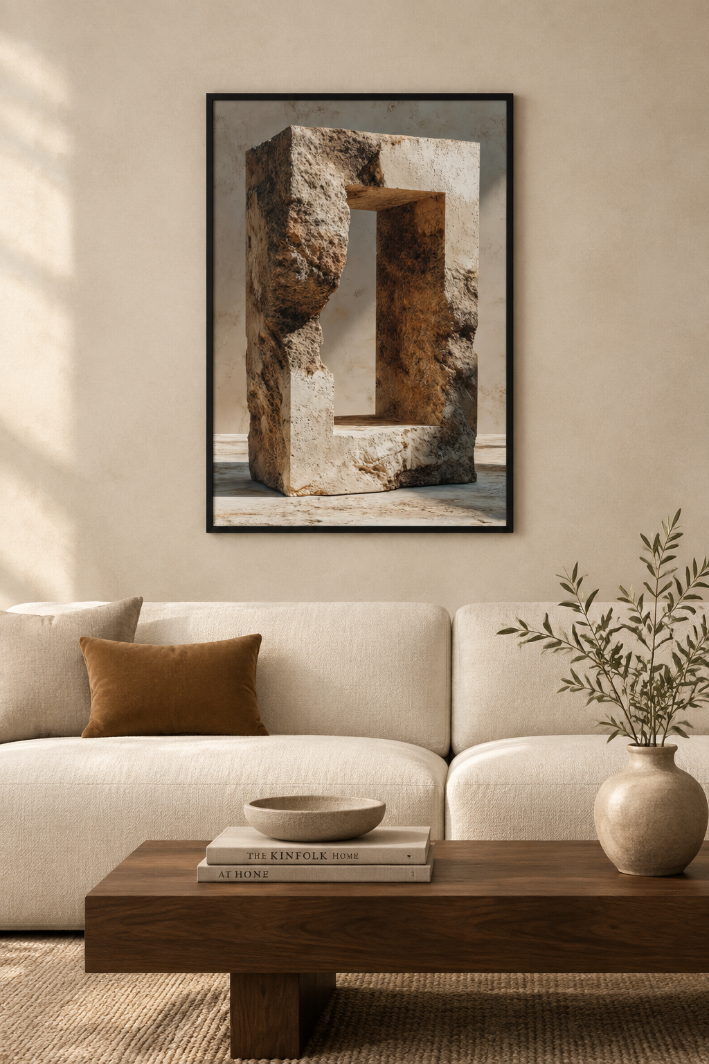 The Stone Aperture with a black frame in a Mediterranean living room