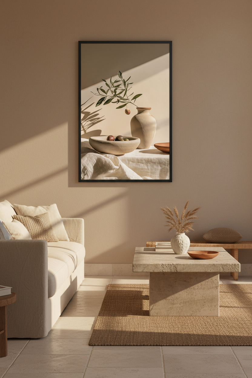 Affiche La Table aux Olives encadrée noir au-dessus d'une console d'entrée — bol d'olives, lin froissé et vase de terre cuite