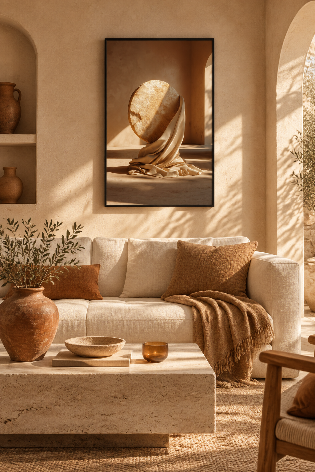 Poster The Wrapped Sphere — veined stone sphere resting on drapery, in a black frame