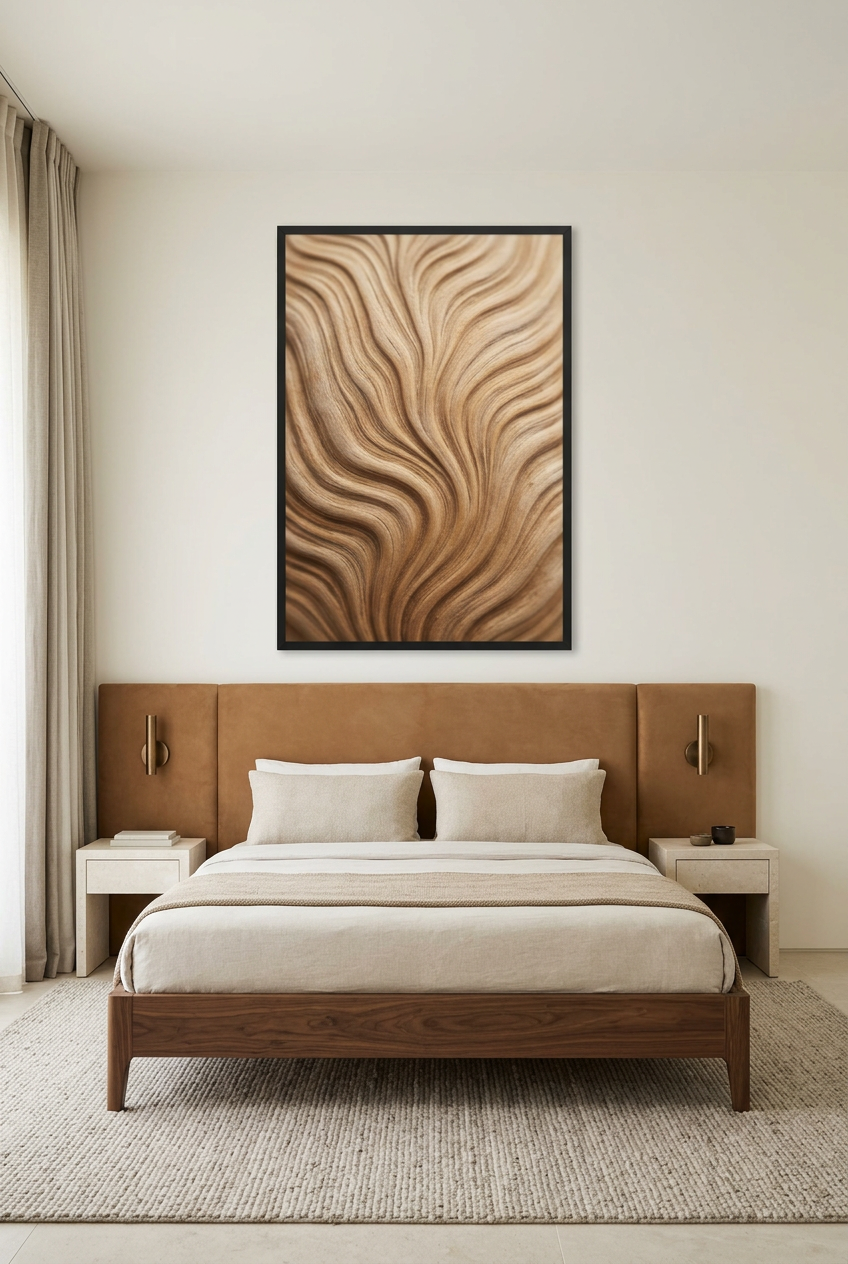 Wood Waves — poster in a black frame in a bedroom