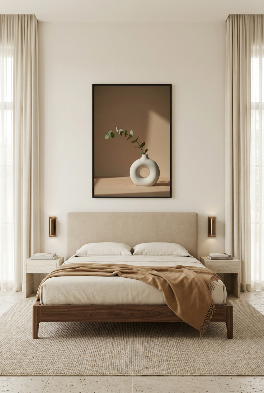 Ringvaas & Eucalyptus — poster in zwarte lijst in een slaapkamer