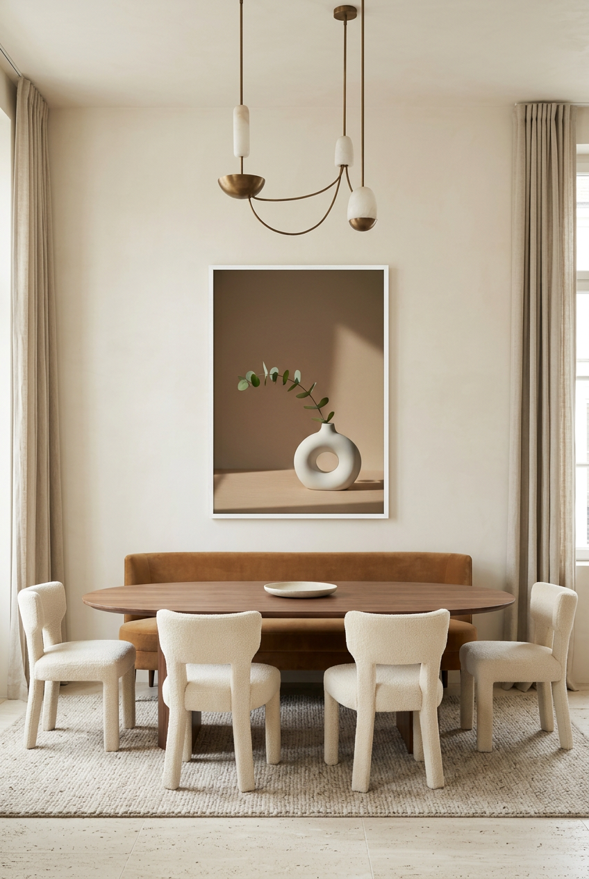 Ringvaas & Eucalyptus — poster in witte lijst boven een eettafel