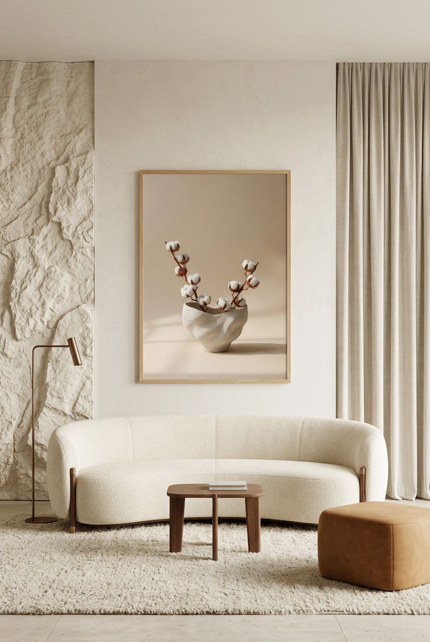 Crumpled Vase & Cotton — poster in an oak frame in a living room