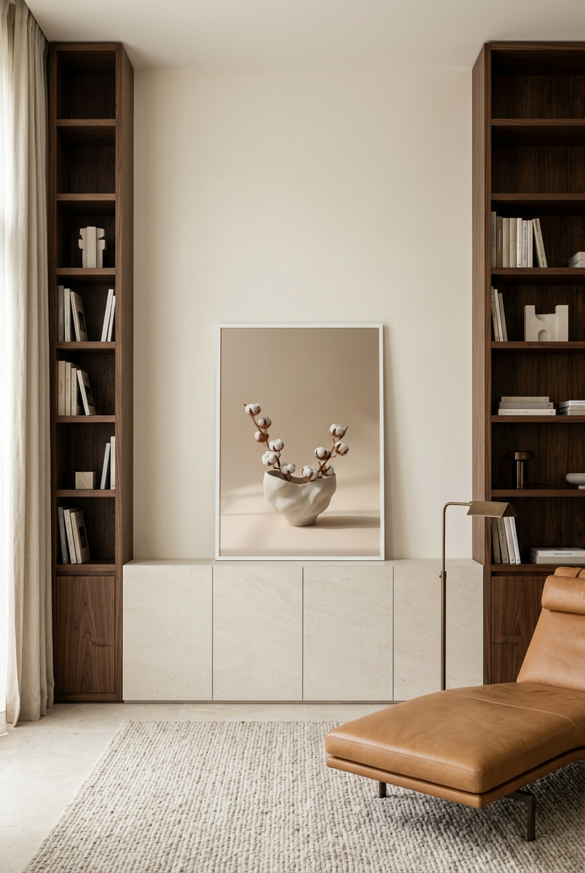 Crumpled Vase & Cotton — poster in a white frame in a library
