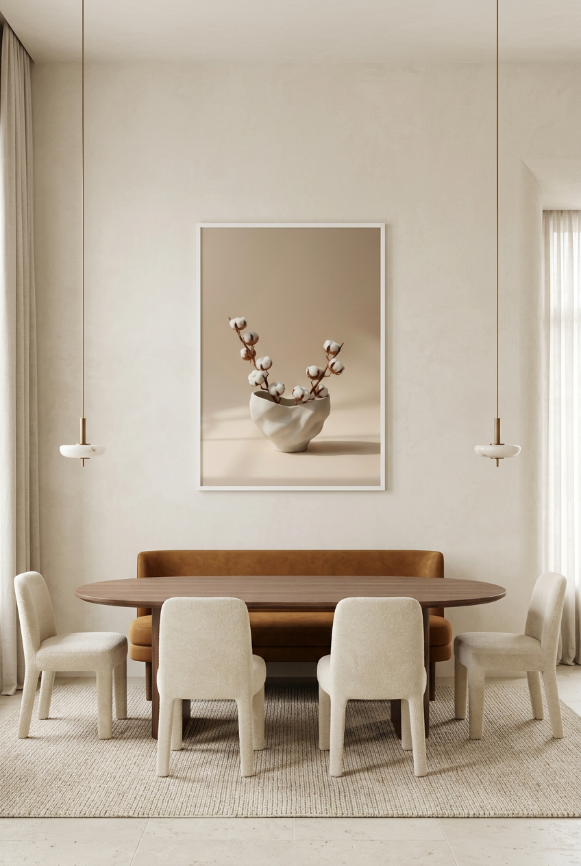 Crumpled Vase & Cotton — poster in a white frame in a dining room