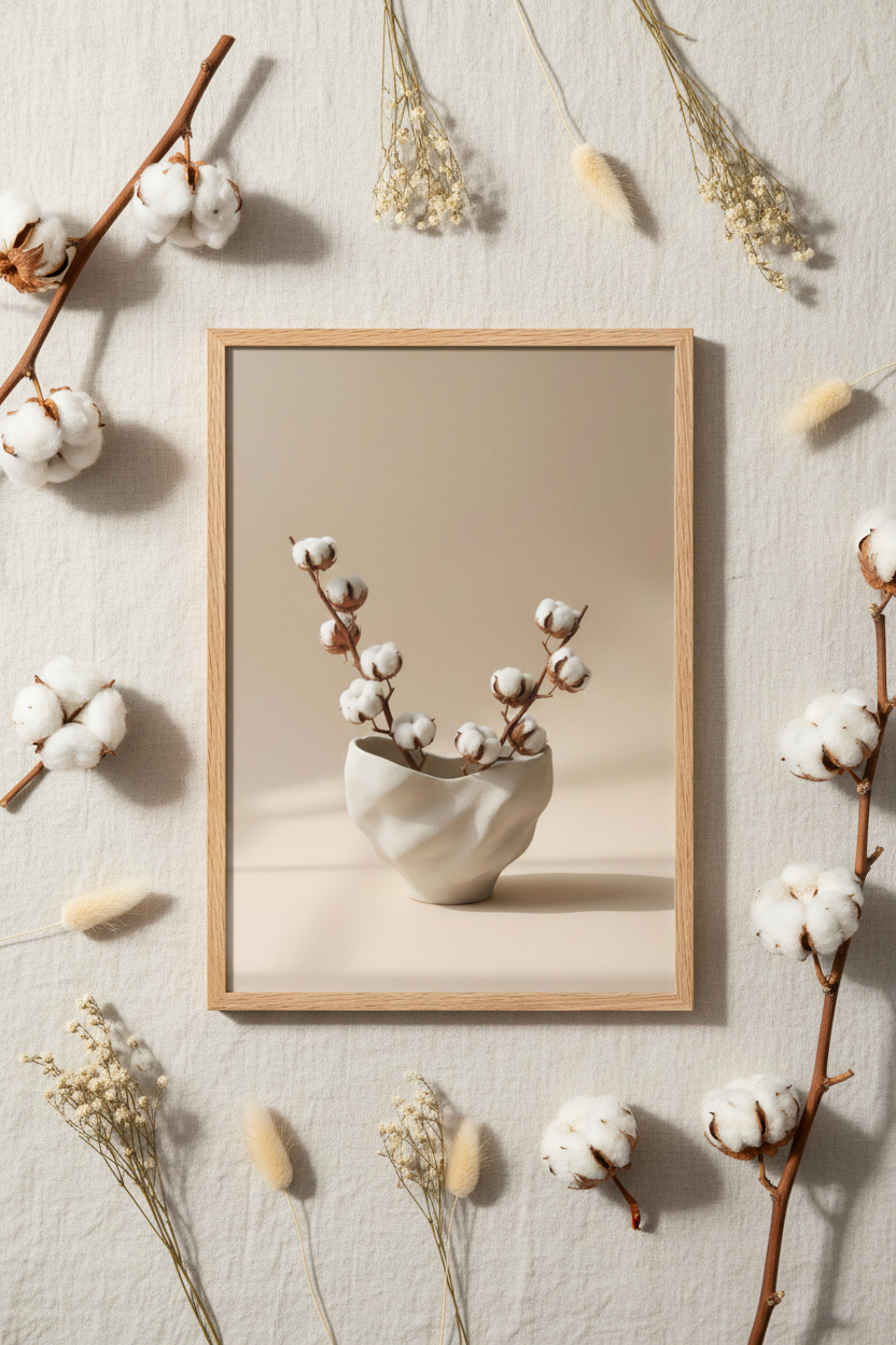 Vase Froissé & Coton — Affiche murale minimaliste blanc et beige inspiration botanique — affiche murale minimaliste | Cassili-home