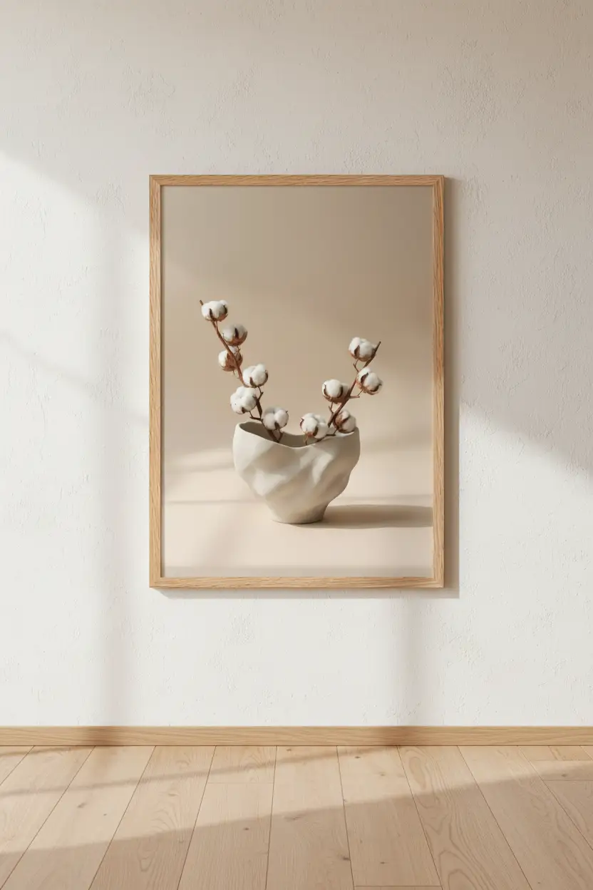Vase Froissé & Coton — Affiche murale minimaliste blanc et beige inspiration botanique — affiche murale minimaliste | Cassili-home
