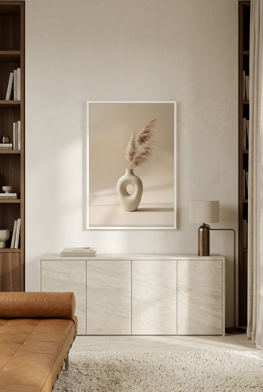 Vaas & Pampagras — poster in witte lijst in een bibliotheek