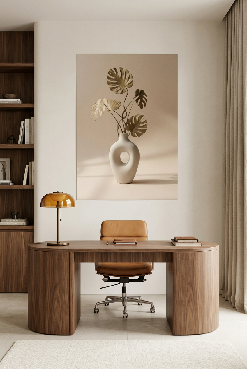 Vaas & Gedroogde Monstera — poster zonder lijst in een werkkamer