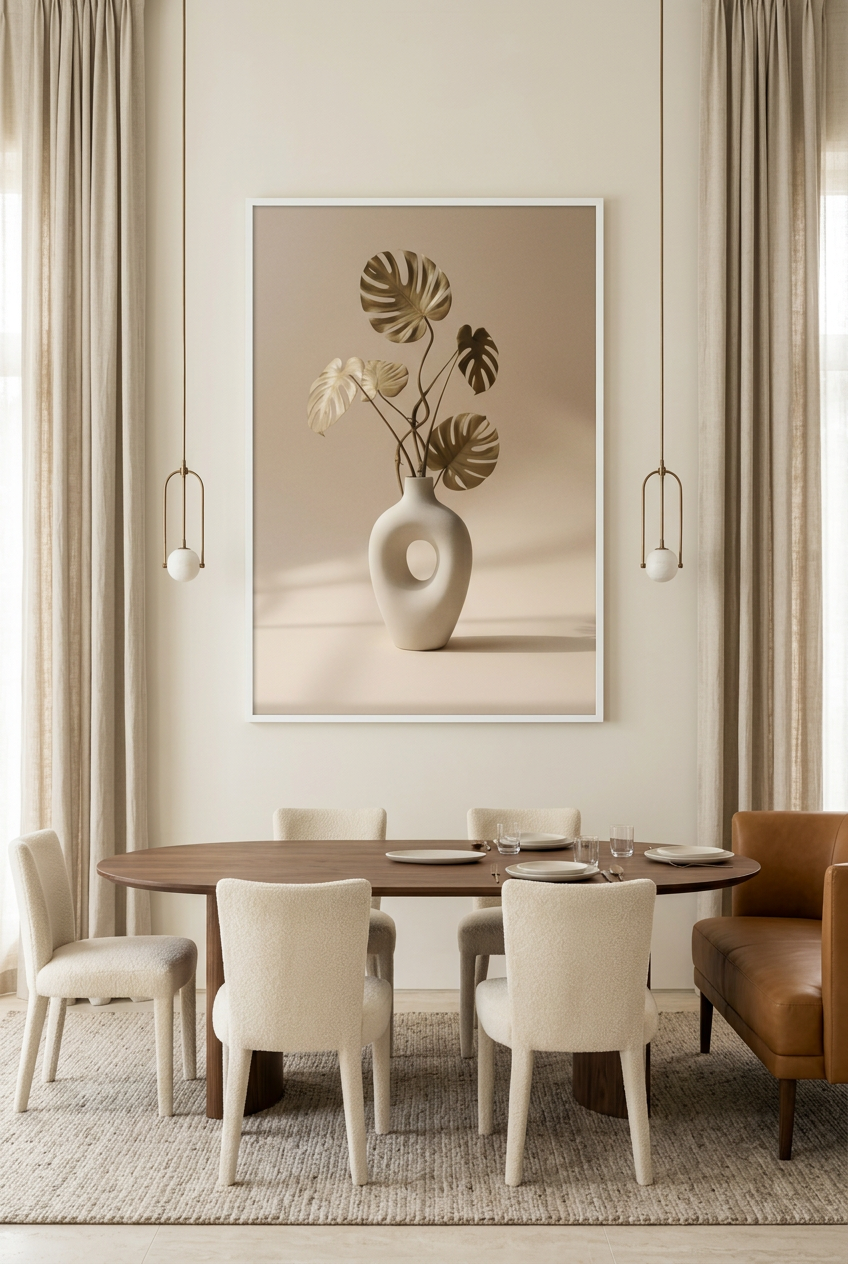 Vaas & Gedroogde Monstera — poster in witte lijst boven een eettafel