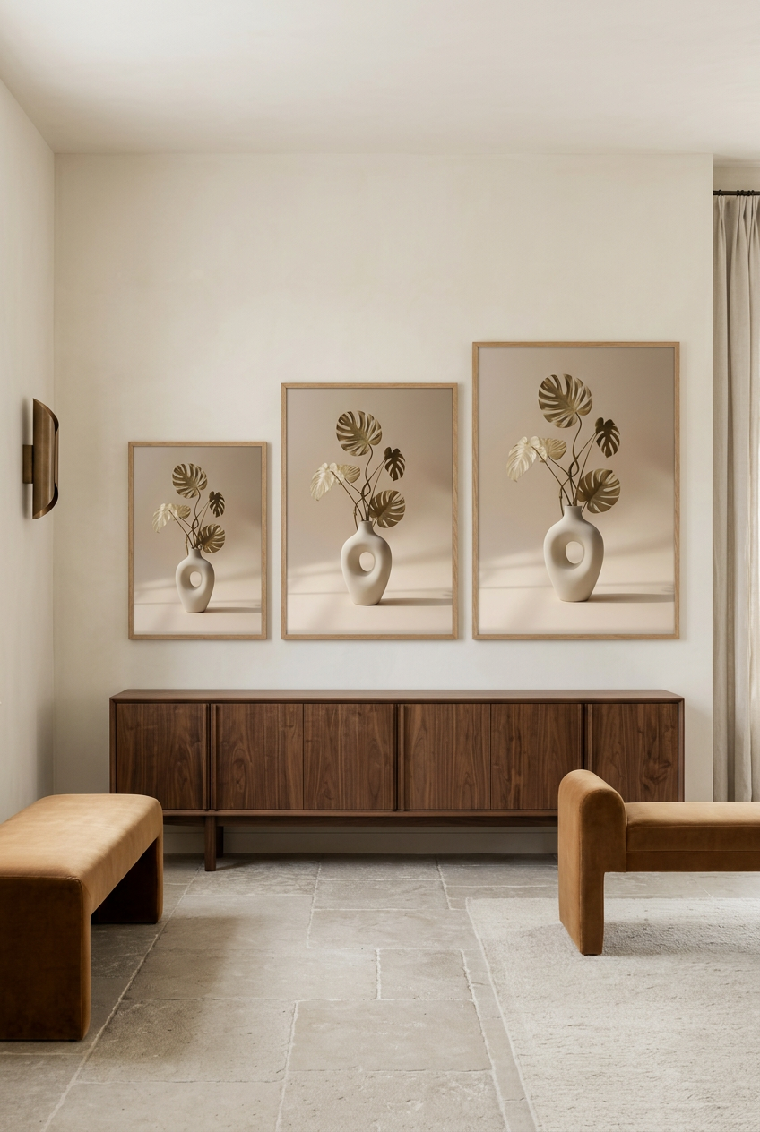 Vaas & Gedroogde Monstera — drie formaten van de poster in eikenhouten lijst
