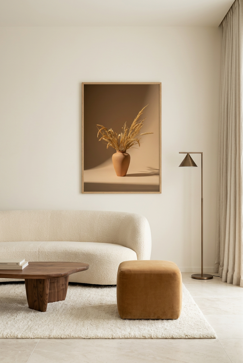 Terracotta Vase with Wheat Ears — poster in an oak frame in a living room