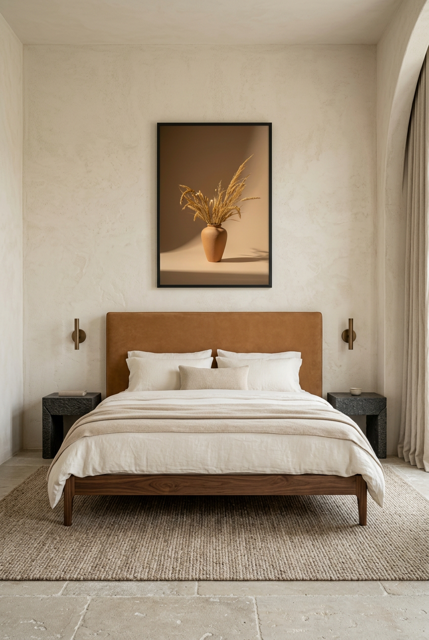 Terracotta Vase with Wheat Ears — poster in a black frame in a bedroom