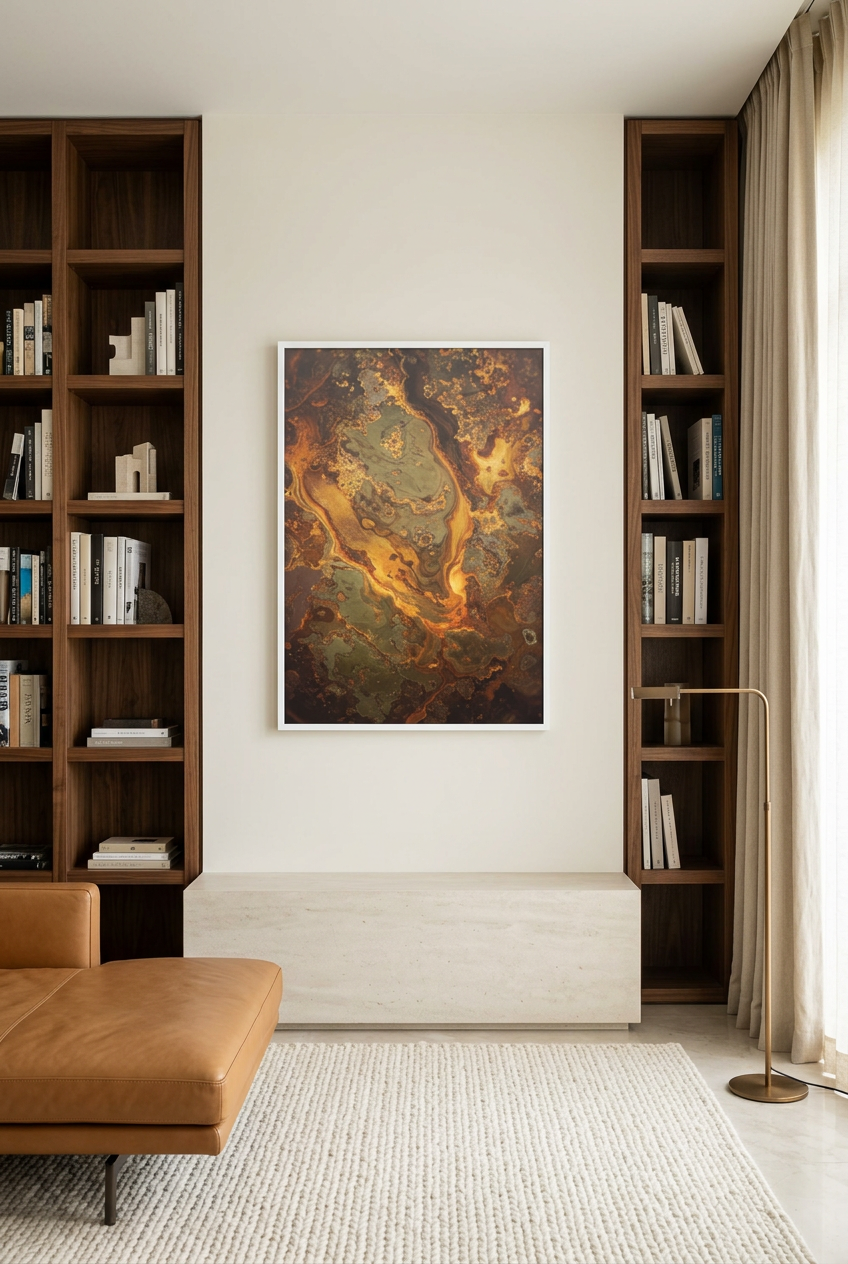 Veias de Ouro — poster com moldura branca numa biblioteca