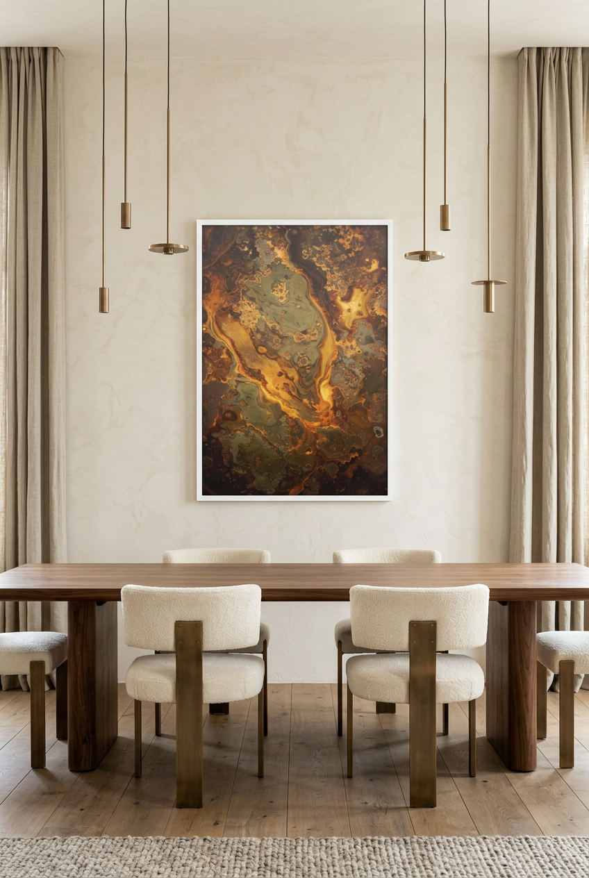 Veias de Ouro — poster com moldura branca numa sala de jantar