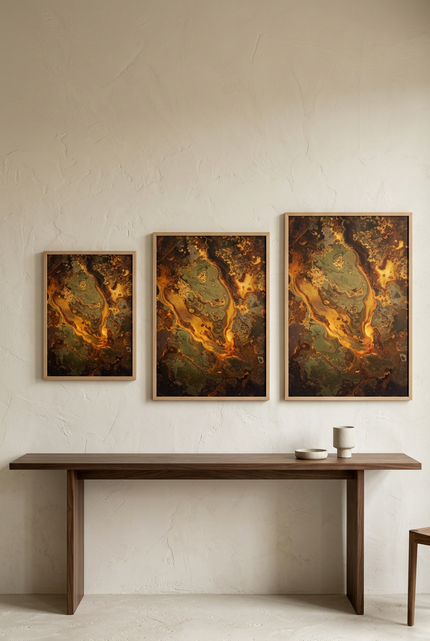 Veias de Ouro — três formatos do poster com moldura de carvalho