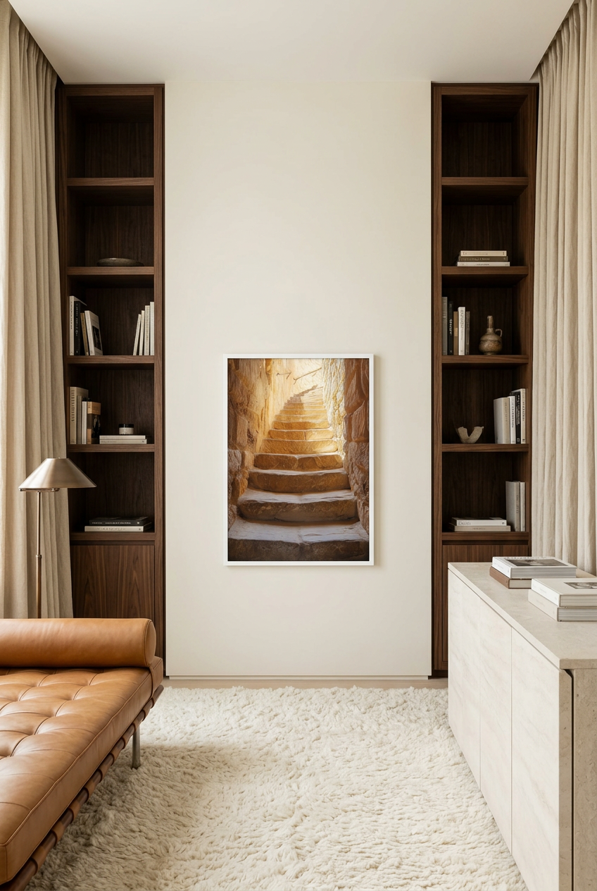 Rumo à Luz — poster com moldura branca numa biblioteca